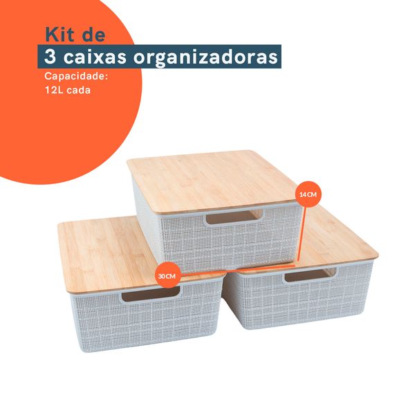 Kit 3 caixas organizadoras tampa de bambu 12l branca - oikos