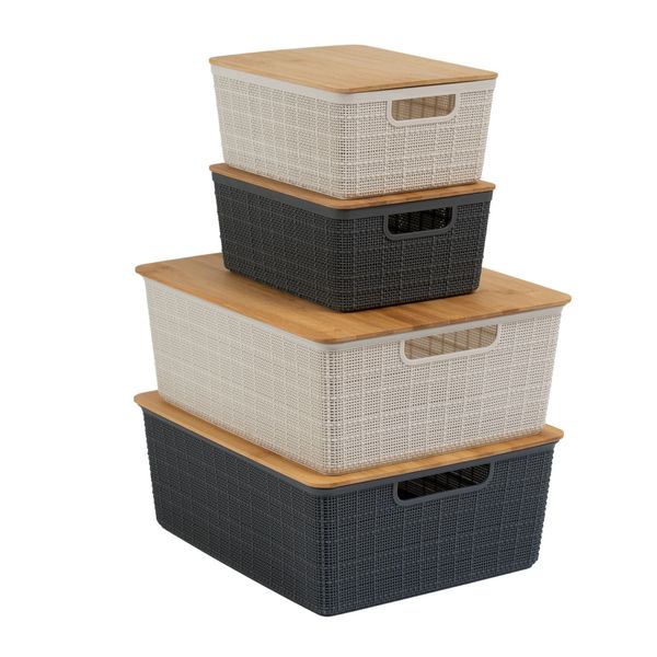 Kit 4 caixas organizadoras tampa bambu 2p/2m branco/cinza oikos