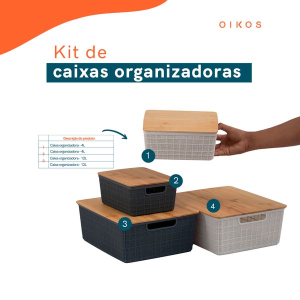 Kit 4 caixas organizadoras tampa bambu 2p/2m branco/cinza oikos