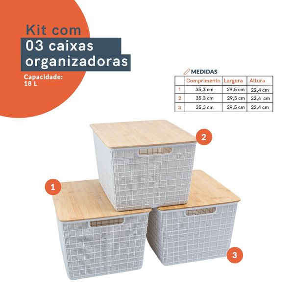 Kit 3 caixas organizadoras tampa de bambu 18l branco - oikos