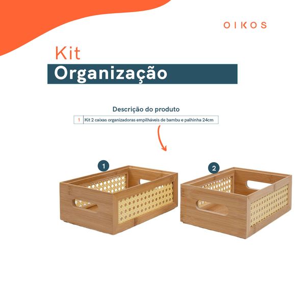 Kit 2 caixas organizadoras empilháveis de bambu e palhinha 24cm - oikos