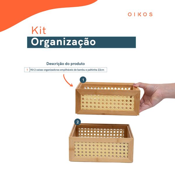 Kit 2 caixas organizadoras empilháveis de bambu e palhinha 22cm - oikos