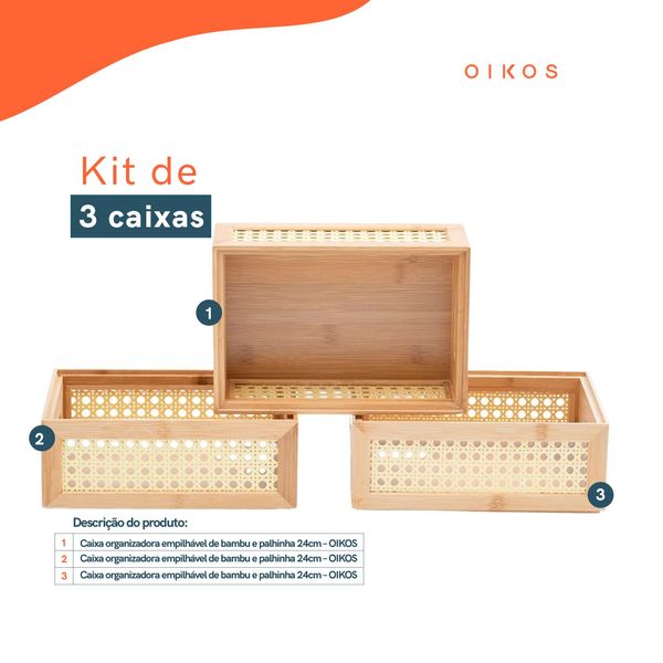 Kit 3 caixas organizadoras empilháveis de bambu e palhinha 22cm - oikos