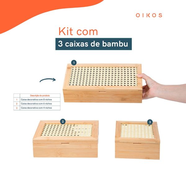 Kit chá com caixa de bambu com palhinha 4/8 nichos 3pç - oikos