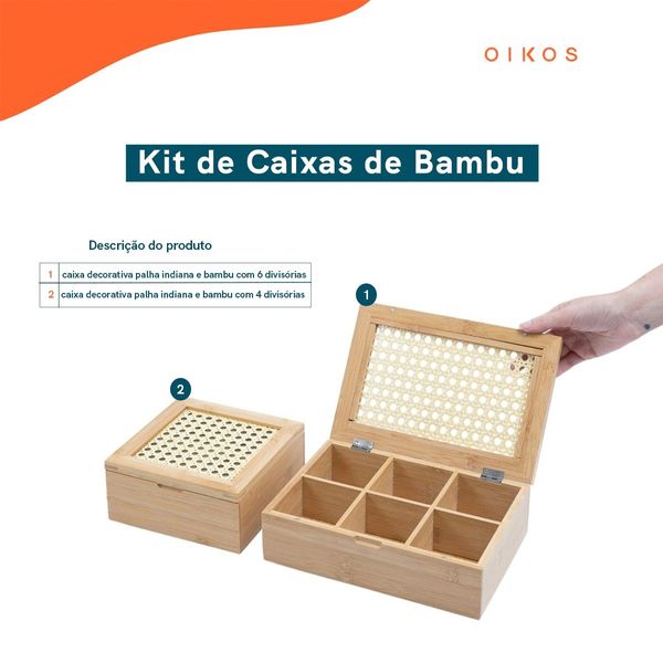 Kit para chá caixa de bambu palhinha 4 e 6 nichos 2 pç oikos