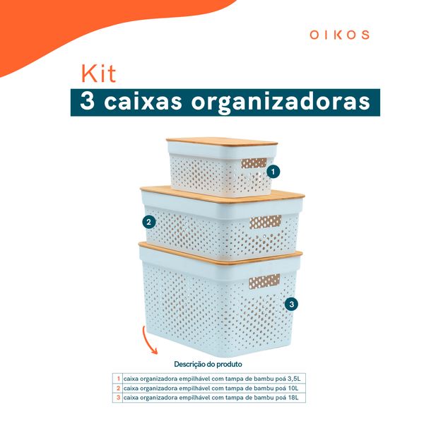 Kit 3 caixas organizadoras com tampa de bambu poá 3,5l, 10l e 18l branco - oikos