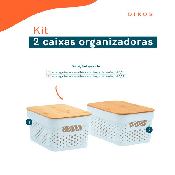 Kit 2 caixas organizadoras com tampa de bambu poá 3,5l branco - oikos
