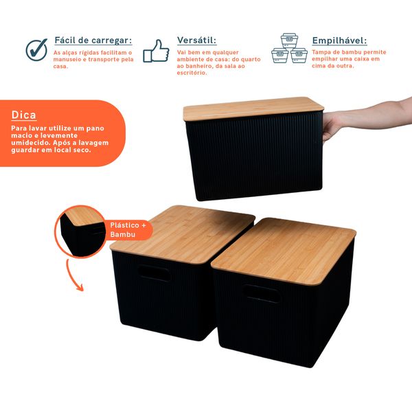 Kit caixa organizadora canelada tampa bambu 23l preta oikos