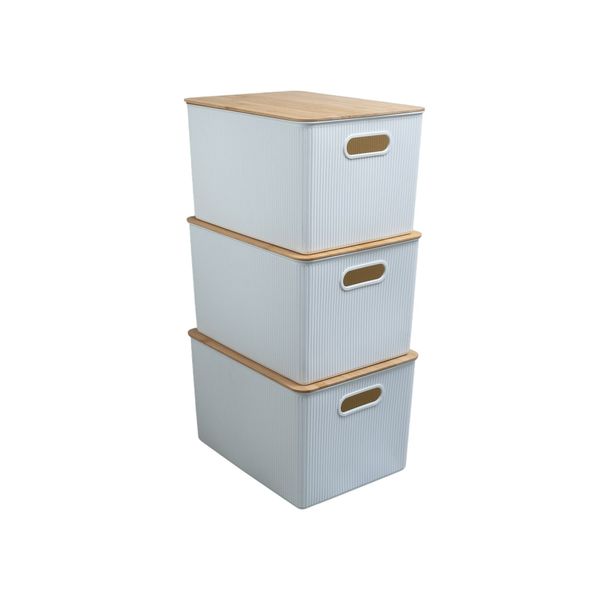 Kit caixa organizadora canelada tampa bambu 23l branca oikos