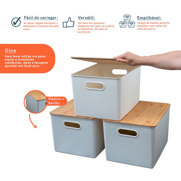 Kit caixa organizadora canelada tampa bambu 23l branca oikos