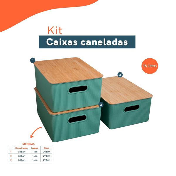 Kit caixa organizadora 16l com tampa de bambu canelada verde - oikos