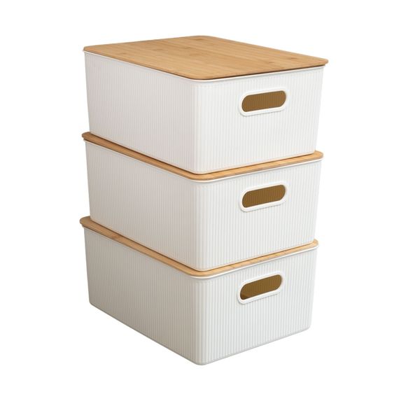 Kit caixa organizadora canelada tampa bambu 16l branca oikos