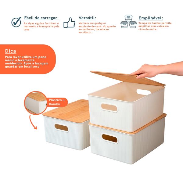 Kit caixa organizadora canelada tampa bambu 16l branca oikos
