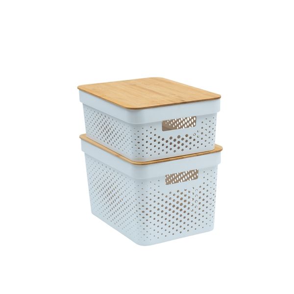 Kit 2 caixas organizadoras multiuso empilhável com tampa de bambu poá 10l e 18l branco - oikos