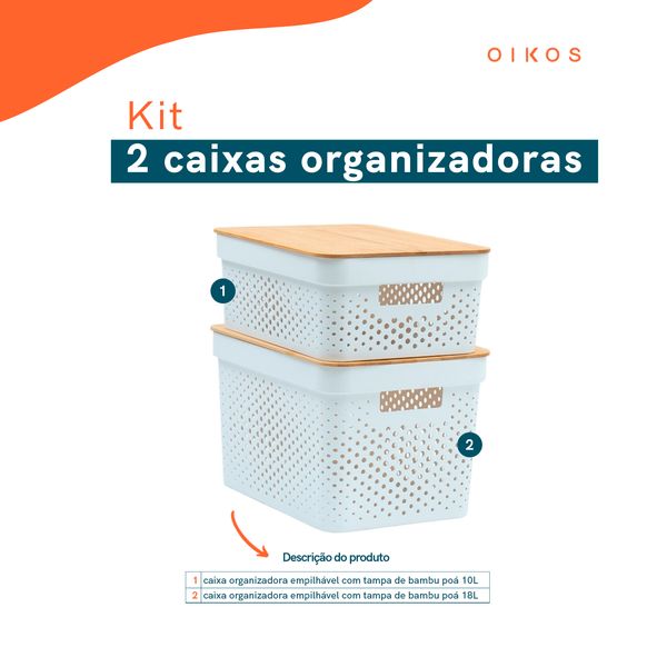 Kit 2 caixas organizadoras multiuso empilhável com tampa de bambu poá 10l e 18l branco - oikos