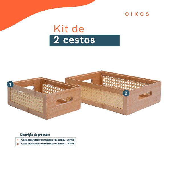 Kit 2 caixas organizadoras bambu e palhinha oikos