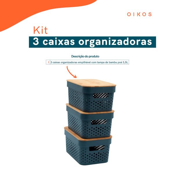 Kit 3 caixas organizadoras 3,5l com tampa bambu poá - oikos