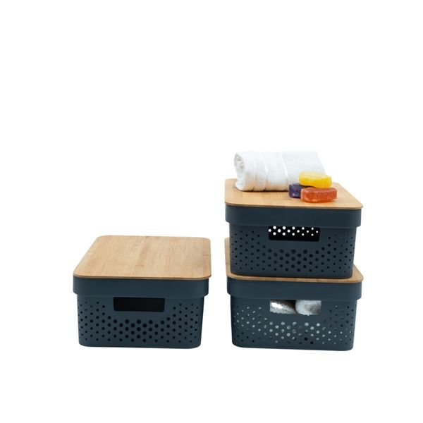 Kit 3 caixas organizadoras multiuso empilhável com tampa de bambu poá 10l cinza - oikos