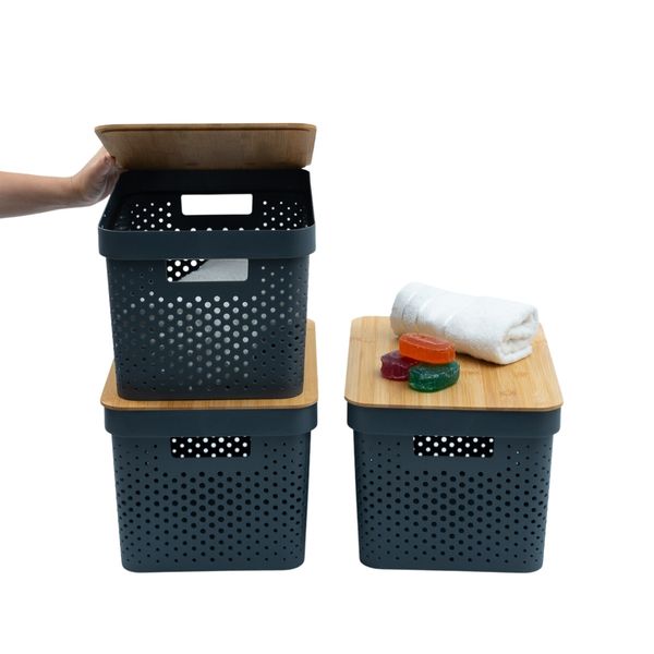 Kit 3 caixas organizadoras multiuso empilhável com tampa de bambu poá 18l cinza - oikos