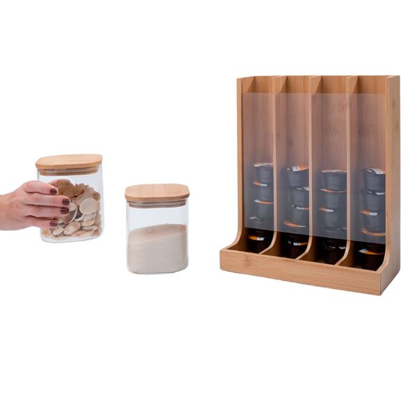 Kit com 2 potes de vidro com tampa de bambu 800ml e porta cápsulas de bambu - oikos