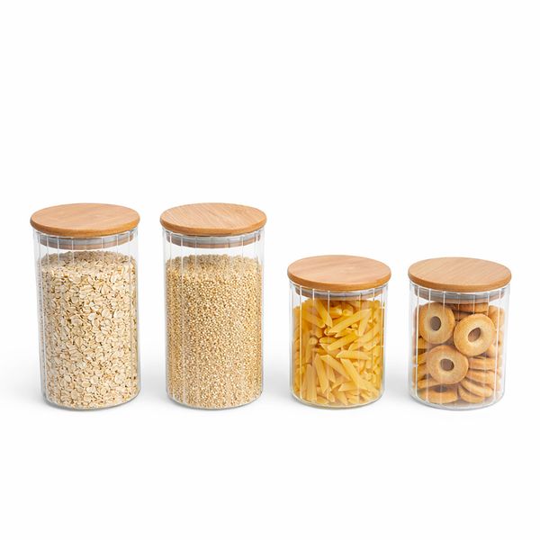Kit 4 potes vidro herméticos para mantimentos canelado com tampa de bambu - oikos