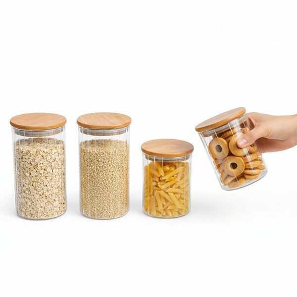 Kit 4 potes vidro herméticos para mantimentos canelado com tampa de bambu - oikos
