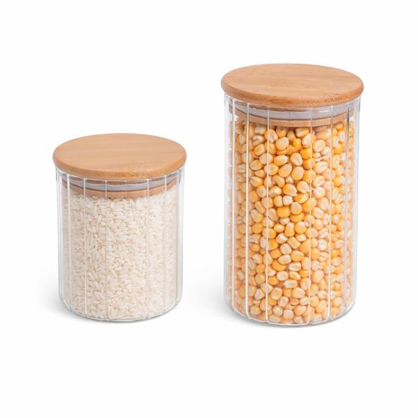 Kit 2 potes vidro herméticos para mantimentos canelado com tampa de bambu - oikos