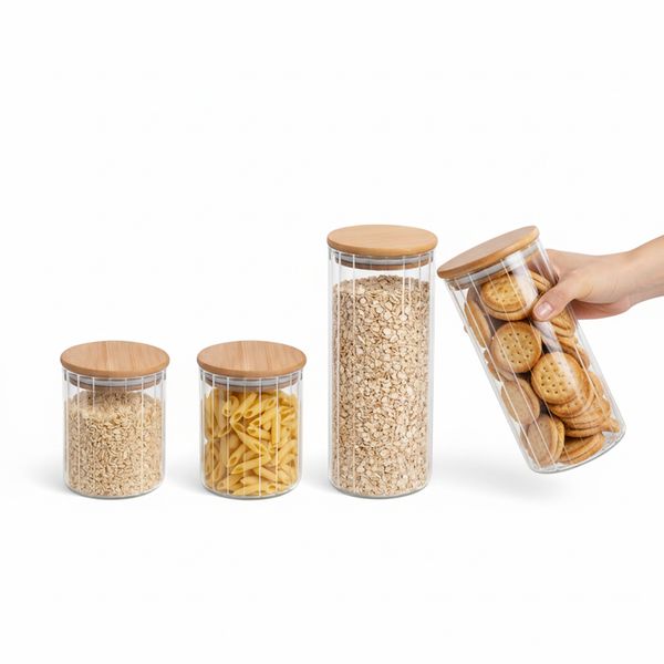 Kit 4 potes vidro herméticos para mantimentos canelado com tampa de bambu - oikos