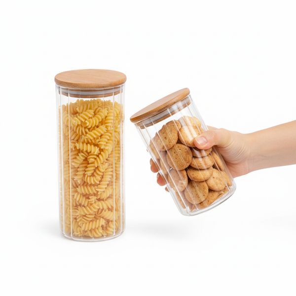 Kit 2 potes vidro herméticos para mantimentos canelado com tampa de bambu - oikos