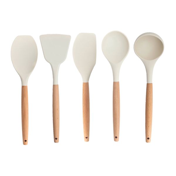 Kit 5 utensílios de silicone com cabo de madeira para cozinha - oikos