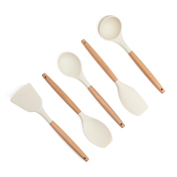 Kit 5 utensílios de silicone com cabo de madeira para cozinha - oikos
