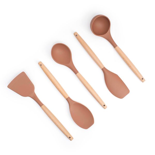 Kit 5 utensílios de silicone com cabo de madeira para cozinha - oikos