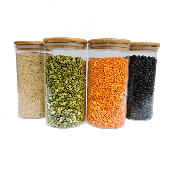 Kit 4 potes de vidro herméticos com tampa bambu 1100ml  - oikos