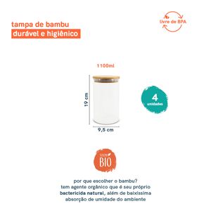 Kit 4 potes de vidro herméticos com tampa bambu 1100ml  - oikos