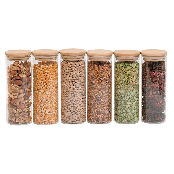 Kit 6 potes de vidro p/ mantimentos 450ml c/ tampa bambu