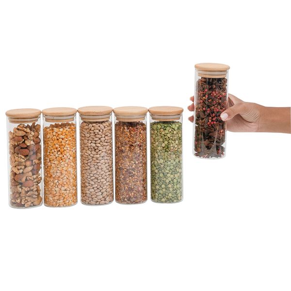 Kit 6 potes de vidro p/ mantimentos 450ml c/ tampa bambu